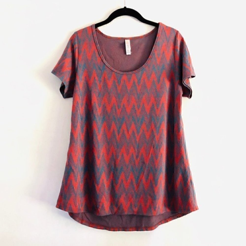 Lularoe Shirt M Simply Comfortable Tunic Knit Chevron Rust Orange Teal Blue